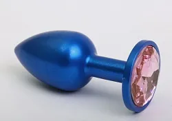 Синяя анальная пробка с розовым стразом - 7,6 см.