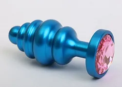 Синяя ребристая анальная пробка с розовым кристаллом - 7,3 см.