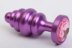 Фиолетовая ребристая анальная пробка с розовым кристаллом - 7,3 см.