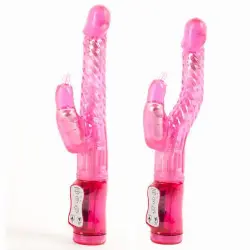 Розовый гнущийся вибратор с клиторальной стимуляцией - 24,5 см. для вагины