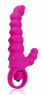 Розовый силиконовый рельефный вибромассажер - 11,5 см. в форме кролика