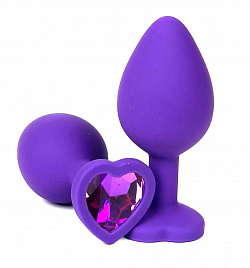 Фиолетовая силиконовая анальная пробка с фиолетовым стразом-сердцем - 10,5 см.