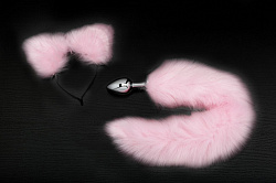 Серебристая анальная пробка с розовым заячим хвостиком и ободком-ушками