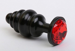 Чёрная ребристая анальная пробка с красным кристаллом - 7,3 см.