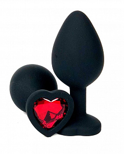 Черная силиконовая пробка с красным кристаллом-сердцем - 10,5 см.